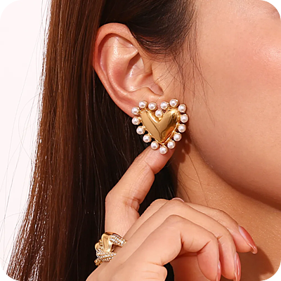 Golden Hearts With Pearls Studs